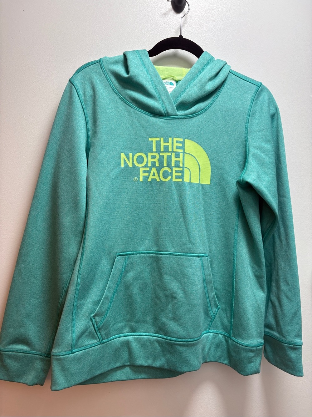 The North Face Teal Pullover Hoodie with Yellow Logo
